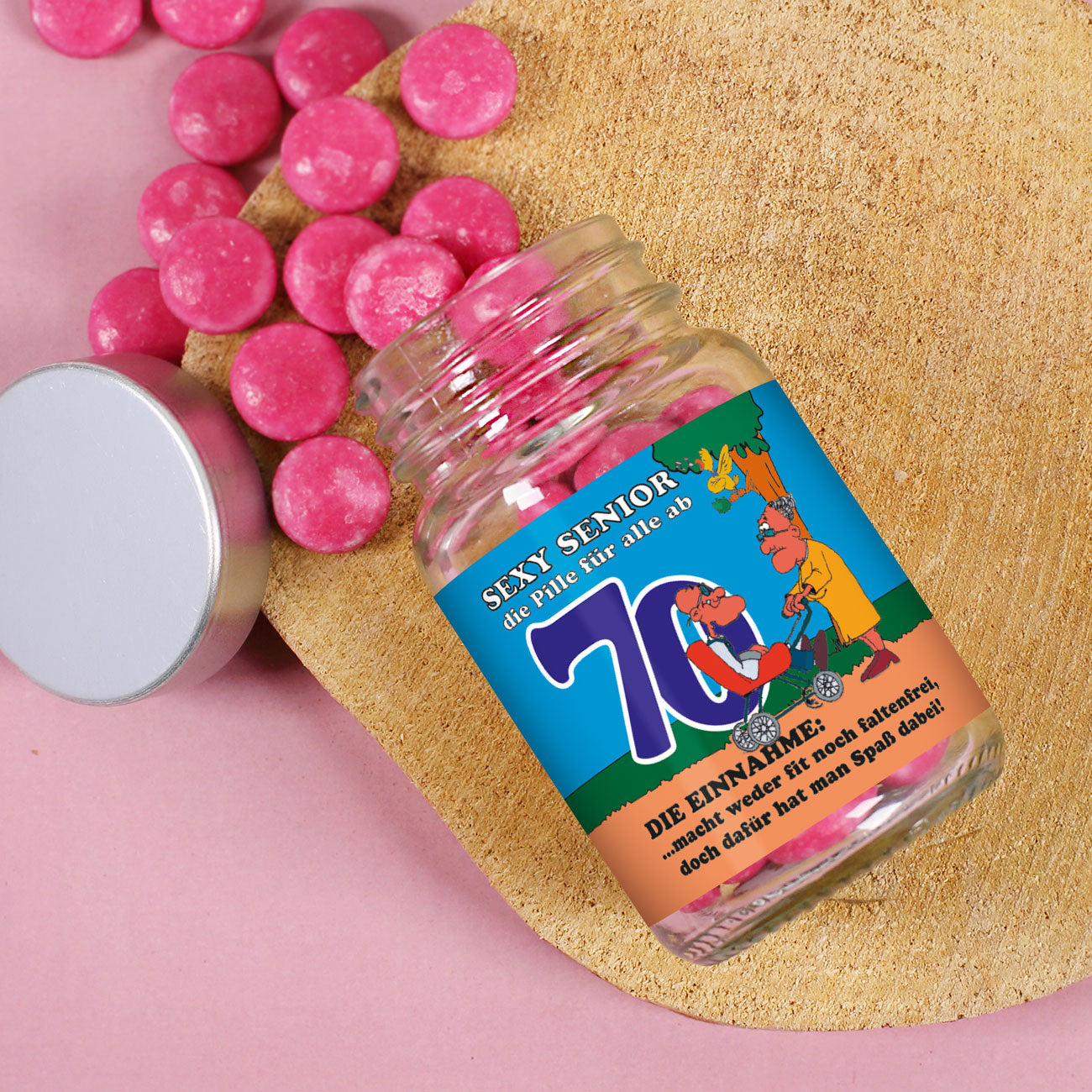 Rote sexy Senior Pille für Rentner ab 70 Jahren als Scherzgeschenk im Glas mit Schraubverschluss
