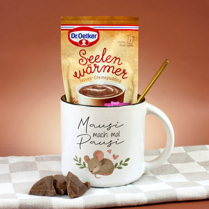 Mausi mach mal Pausi Tasse mit Dr. Oetker Seelenwärmer Schokolade
