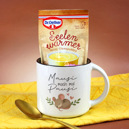 Tasse Mausi mach mal Pausi mit Seelenwärmer Vanille Geschmack als kleine Auszeit
