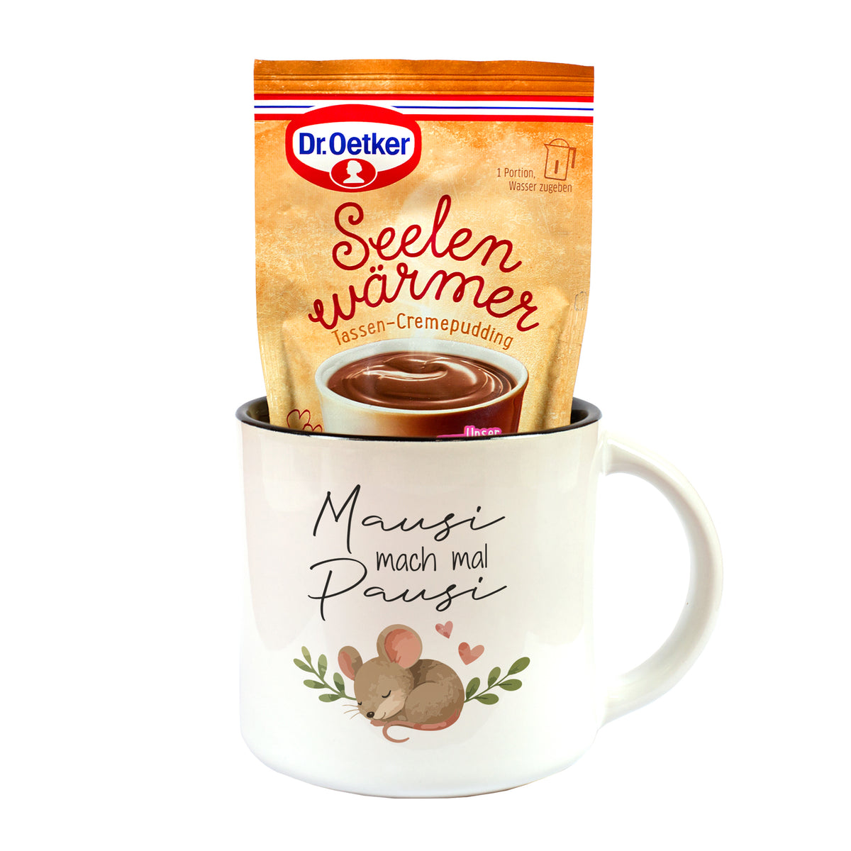 Mausi mach mal Pausi Tasse mit Dr. Oetker Seelenwärmer Schokolade