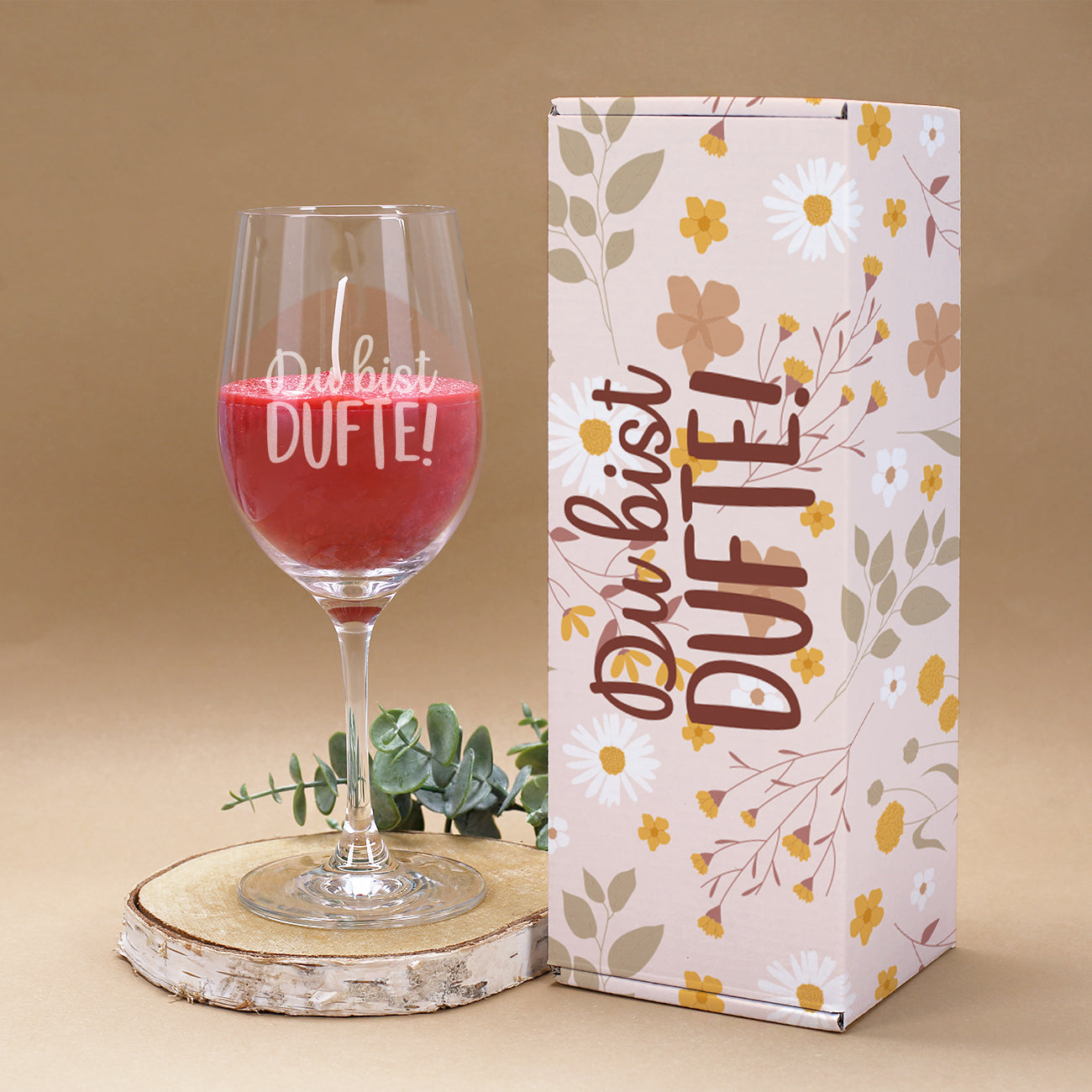 Geschenkset Kerze im Weinglas mit Gravur mit passender Geschenkverpackung