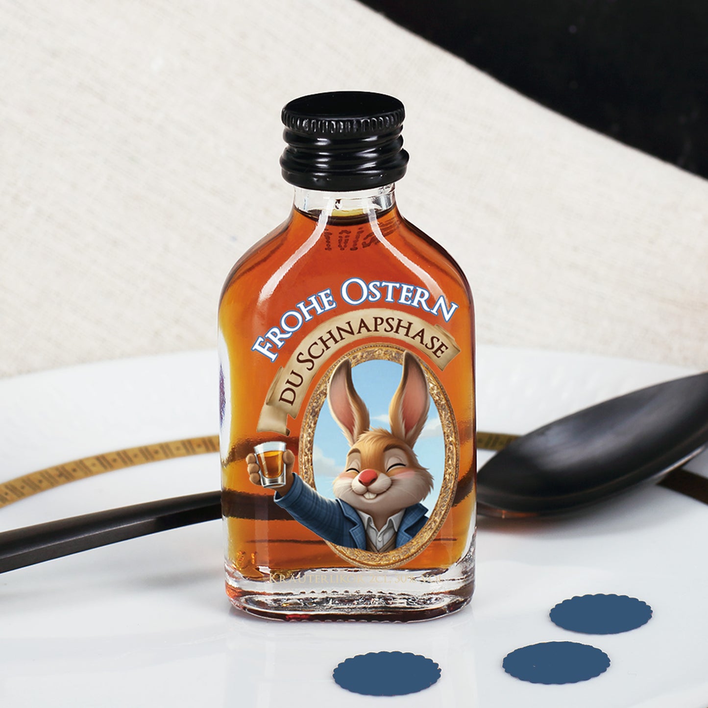 Mini Likörflasche mit Kräuterlikör und Osterhasenmotiv „Frohe Ostern Du Schnapshase“ auf weißem Teller dekoriert