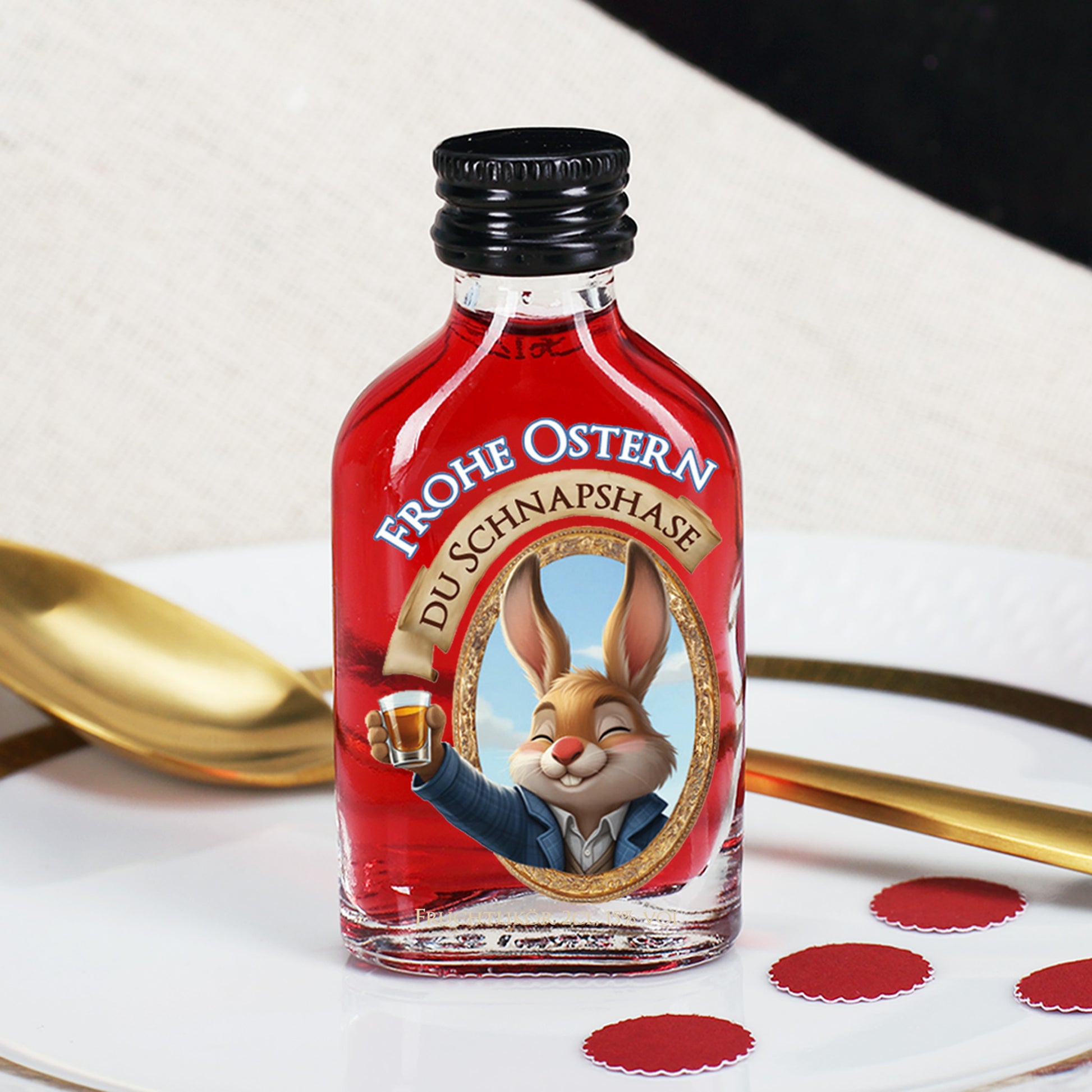 Osterschnaps mit rotem Fruchtlikör und Hasenmotiv „Du Schnapshase“ in kleiner Glasflasche mit Schraubverschluss
