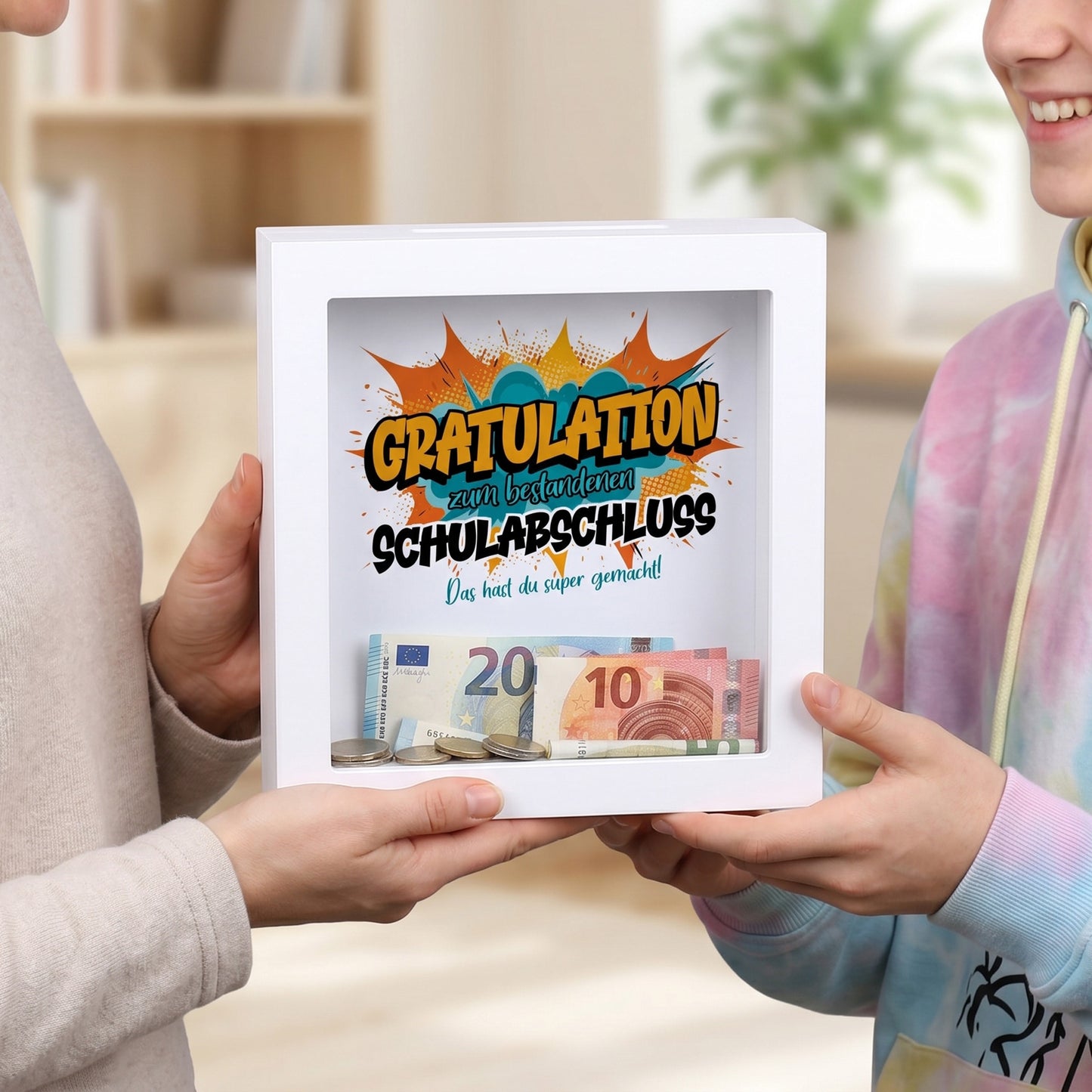 Bilderrahmen-Spardose „Gratulation zum bestandenen Schulabschluss“