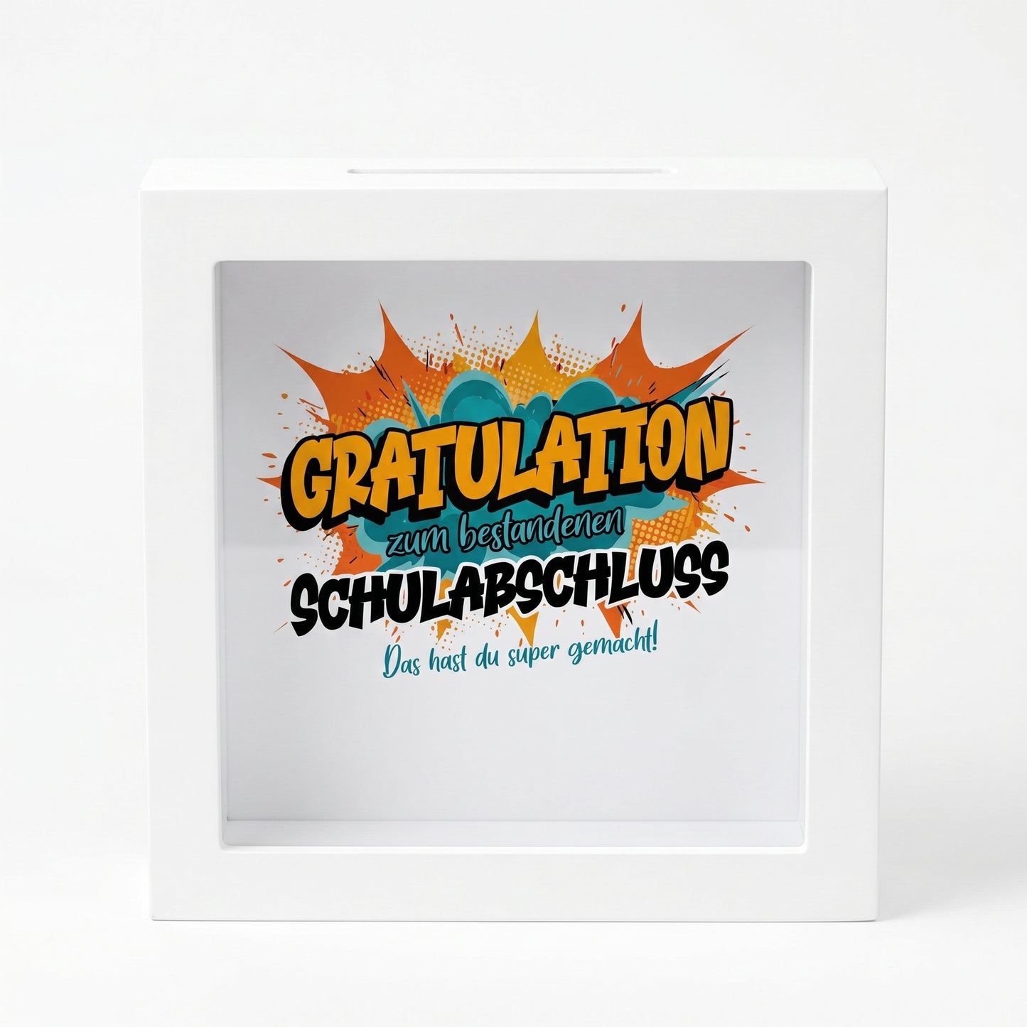 Bilderrahmen-Spardose „Gratulation zum bestandenen Schulabschluss“
