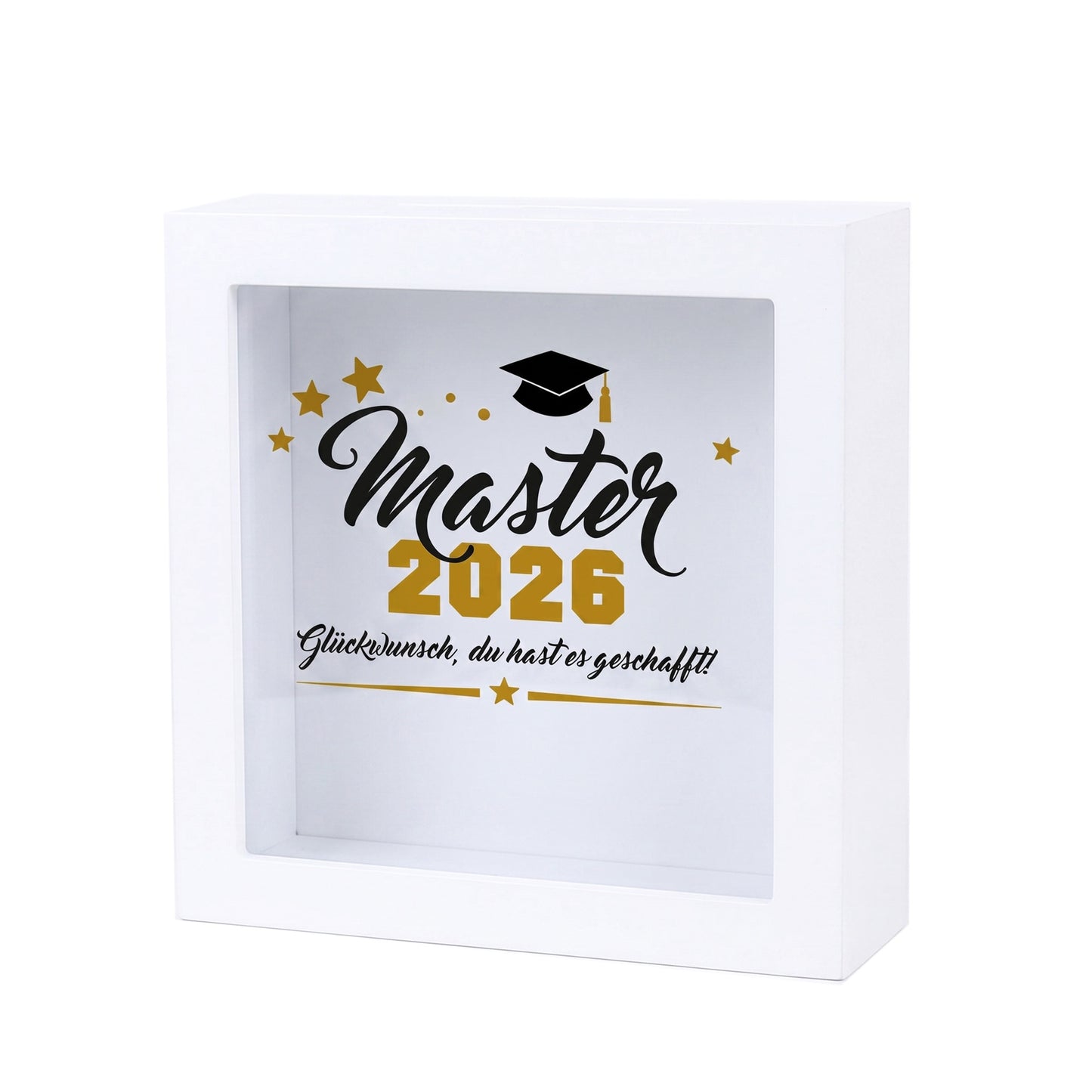 Geldgeschenk-Spardose „Master 2026“ im weißen Bilderrahmen mit dekorativem Abschlussdesign