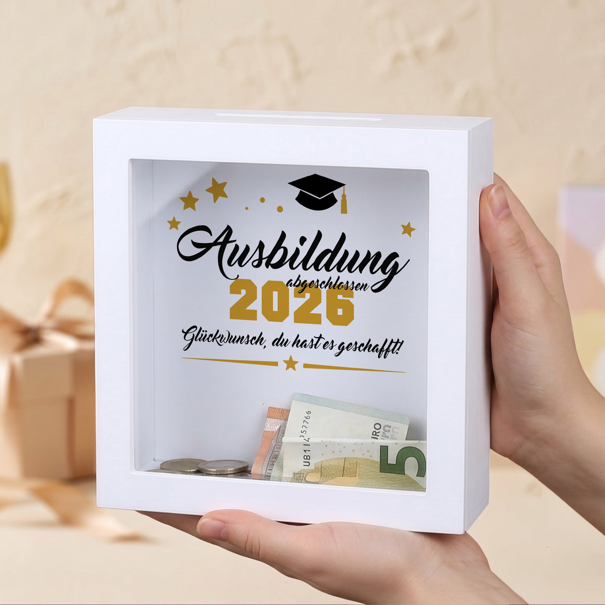 Bilderrahmen-Spardose „Ausbildung abgeschlossen 2026“ mit Geldschlitz und Geldschein als Geschenk zur bestandenen Ausbildung