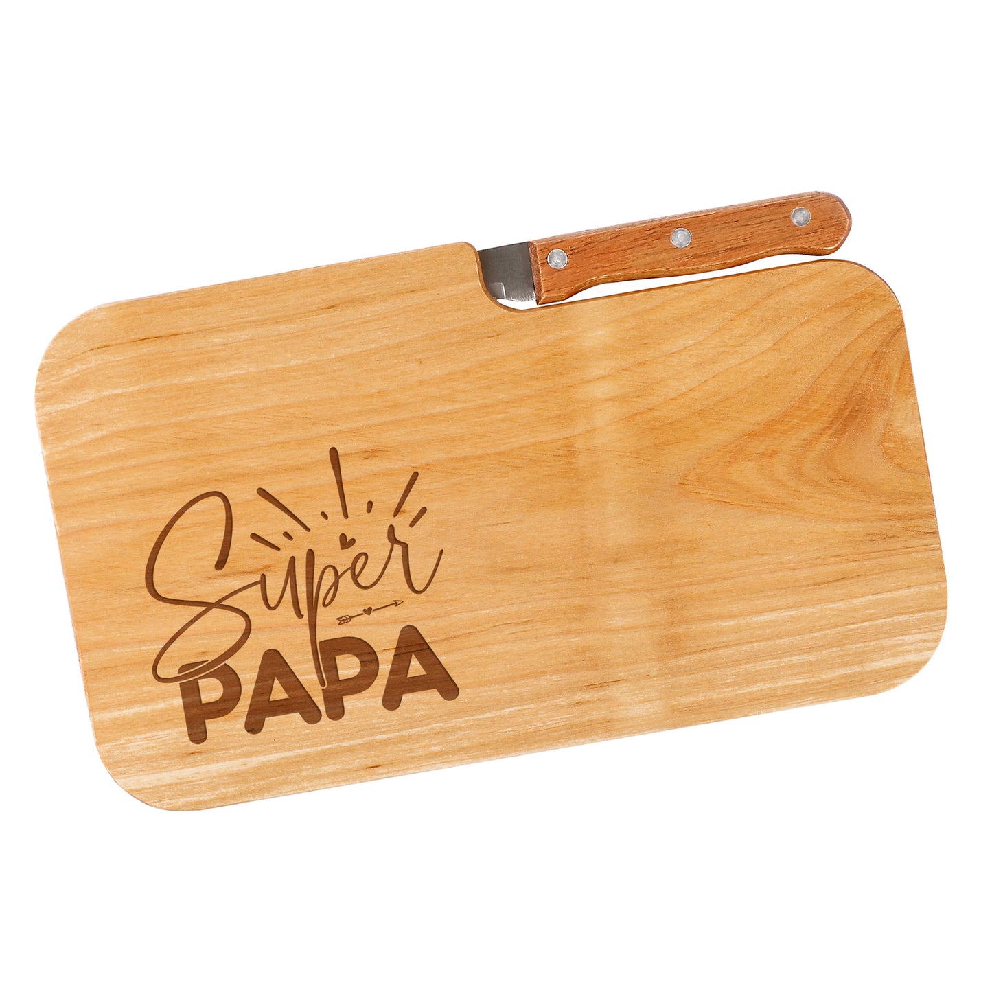 Produktbild Frühstücksbrett Super Papa freigestellt mit Messer