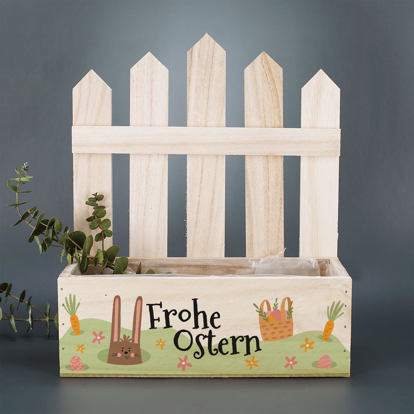 Pflanzkorb zu Ostern 'Frohe Ostern' aus Holz | Geschenkkorb mit Hasenmotiv in 3 Varianten