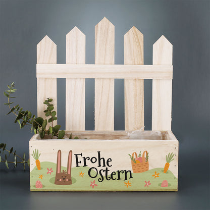 Pflanzkorb zu Ostern 'Frohe Ostern' aus Holz | Geschenkkorb mit Hasenmotiv in 3 Varianten