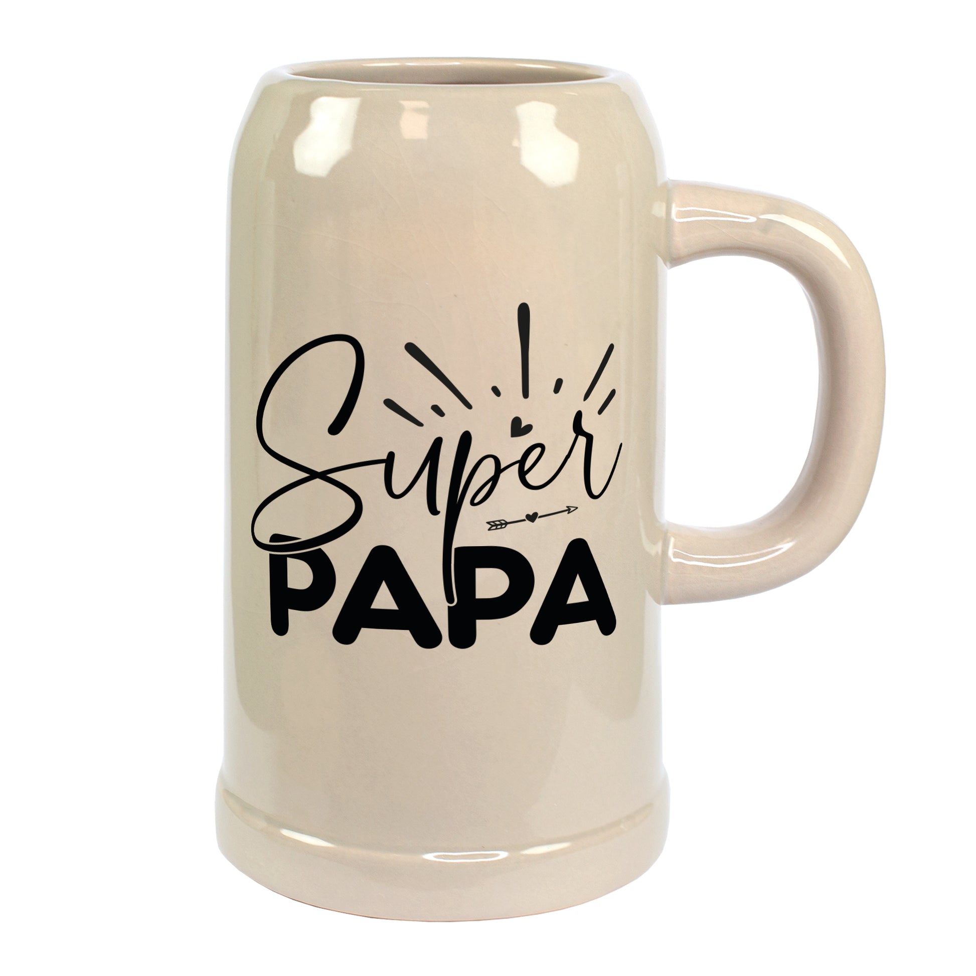 Freigestellter 1-Liter-Bierkrug mit schwarzem „Super Papa“-Schriftzug