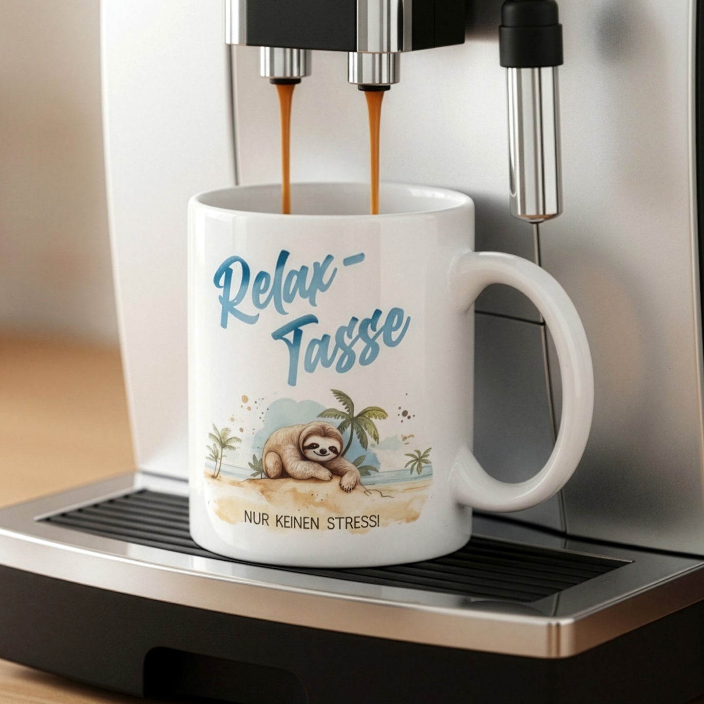 Relax-Tasse mit Faultiermotiv unter laufender Kaffeemaschine beim Befüllen