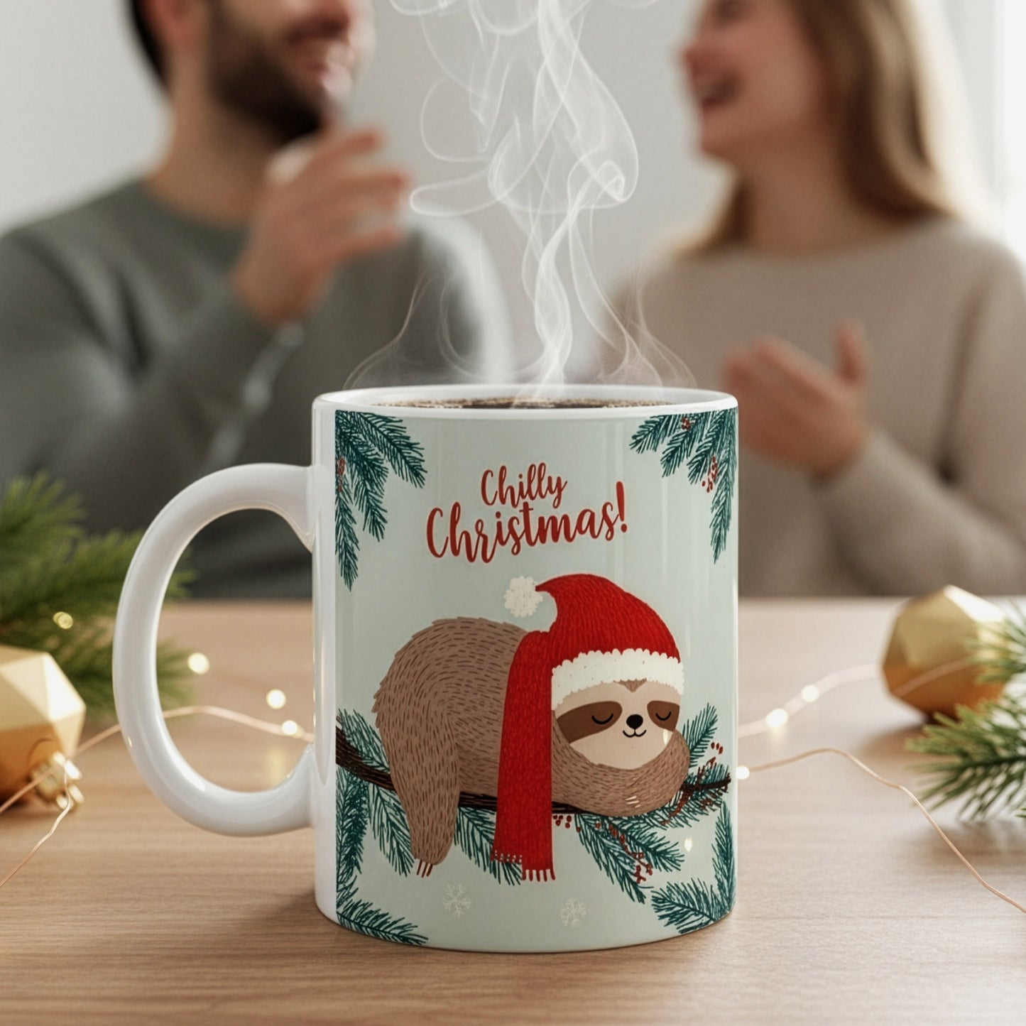 Tasse mit Faultiermotiv „Chilly Christmas!“ auf Tisch, im Hintergrund lachendes Paar in gemütlicher Weihnachtsatmosphäre.