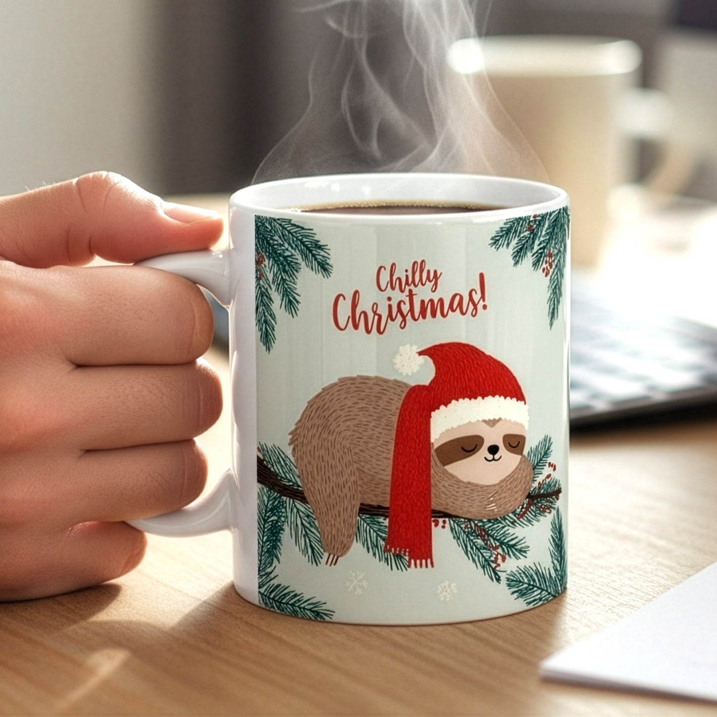 Nahaufnahme einer Hand mit Faultier-Weihnachtstasse „Chilly Christmas!“ auf Schreibtisch mit Notiz und Laptop – warme Lichtstimmung.