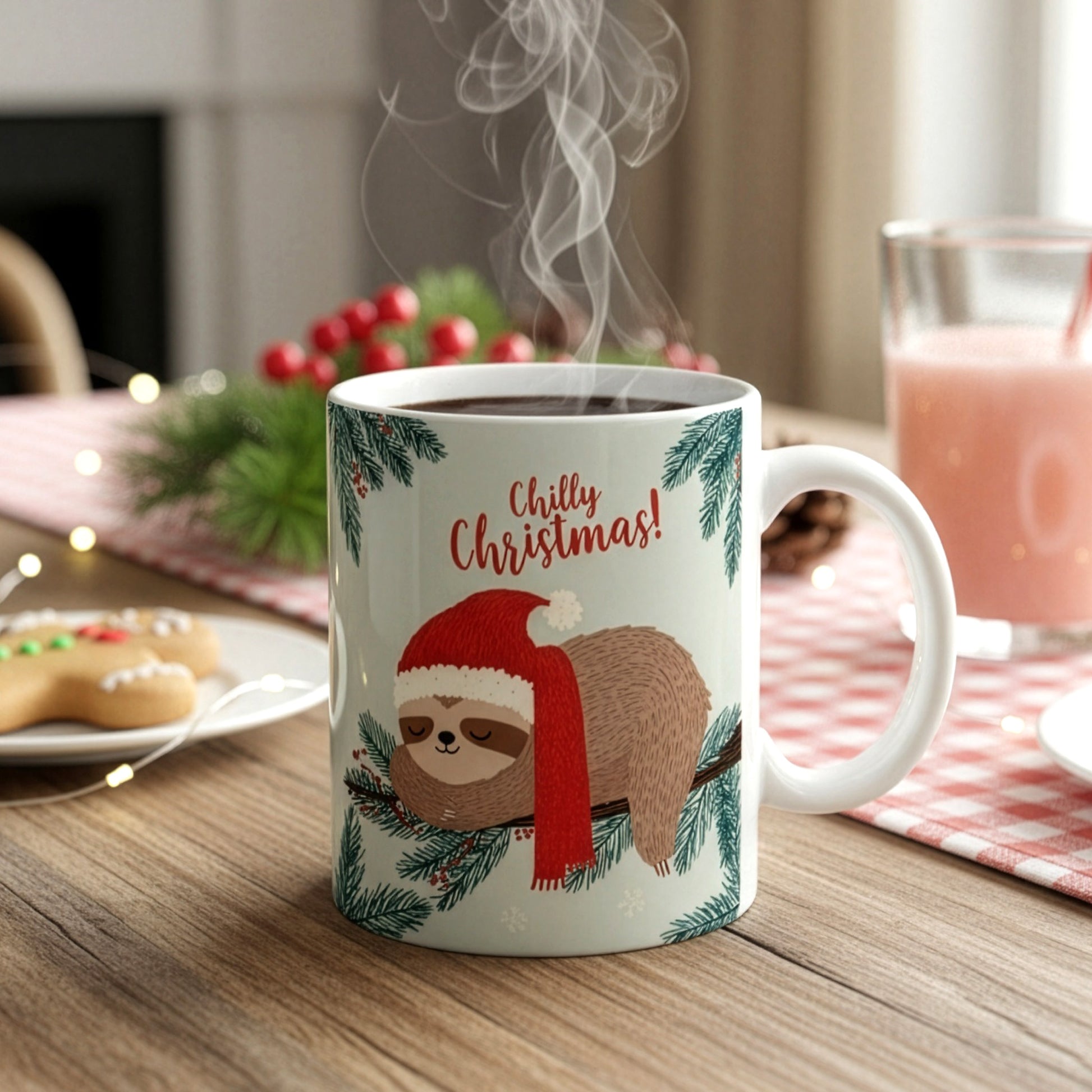 Dampfende Tasse mit Faultiermotiv „Chilly Christmas!“ auf festlich gedecktem Frühstückstisch mit Tannenzweigen, Beeren und Glas Saft.