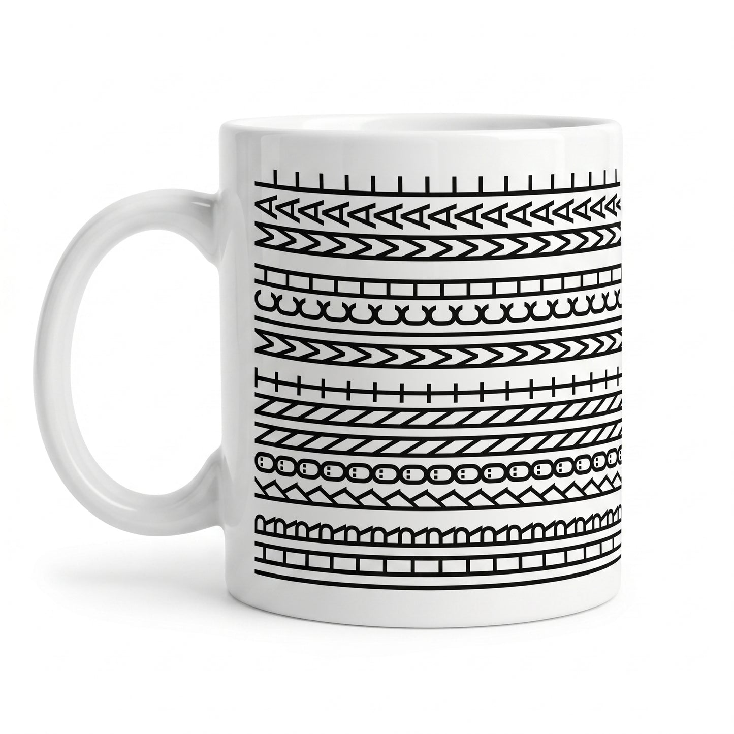 Freigestellte weiße Keramiktasse mit modernem Musterdesign und versteckter Botschaft
