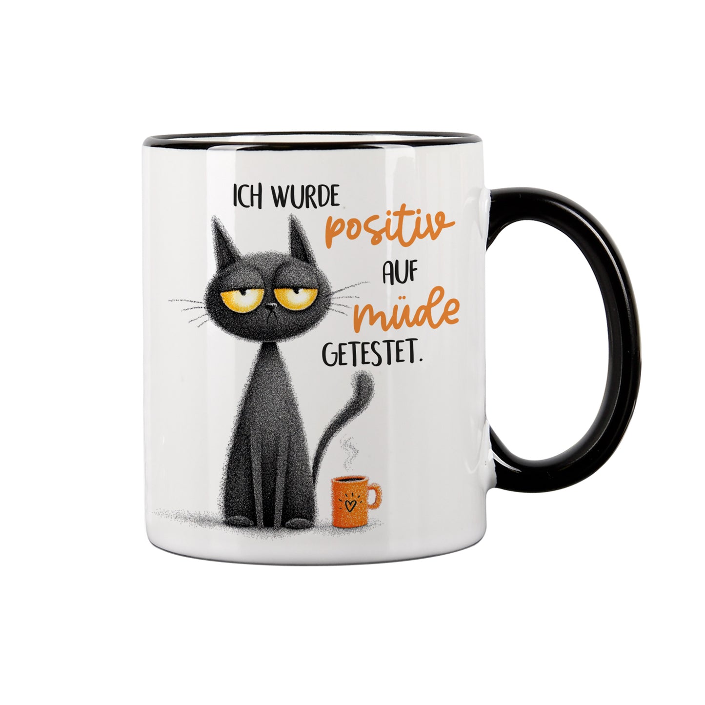 Weiße Keramiktasse mit schwarzem Rand und lustigem Katzen-Spruch freigestellt