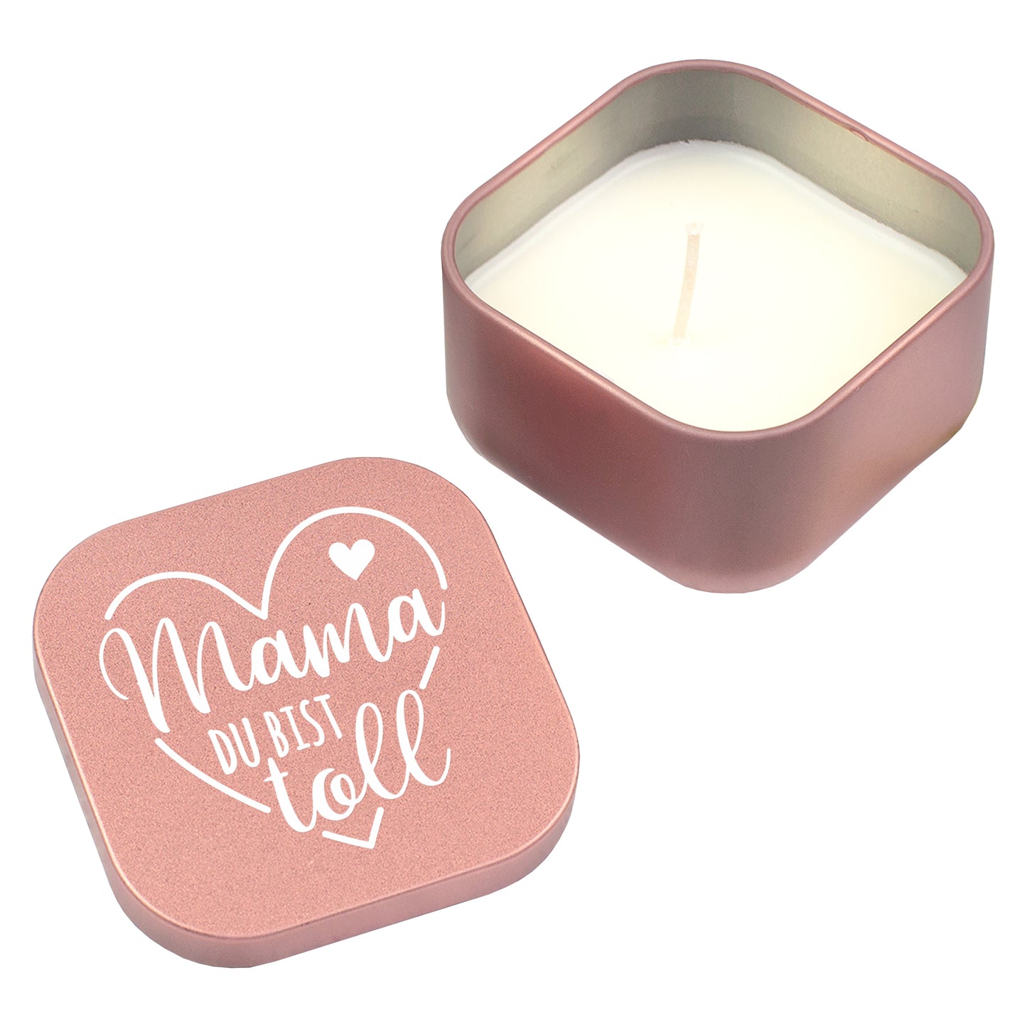 Roségoldene Duftkerze und Deckel mit Motiv „Mama du bist toll“ freigestellt auf hellem Hintergrund