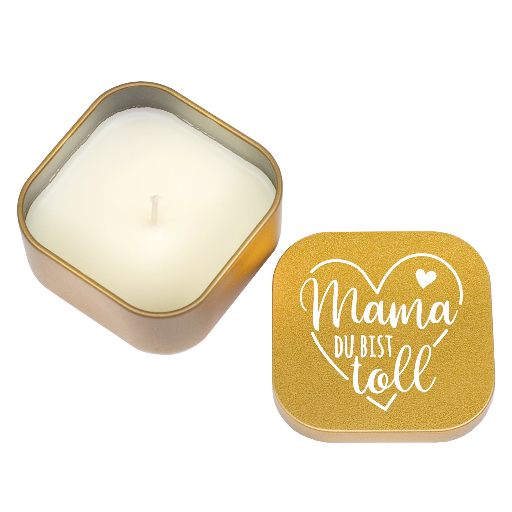 Goldene Duftkerze und Deckel mit Motiv „Mama du bist toll“ freigestellt auf hellem Hintergrund