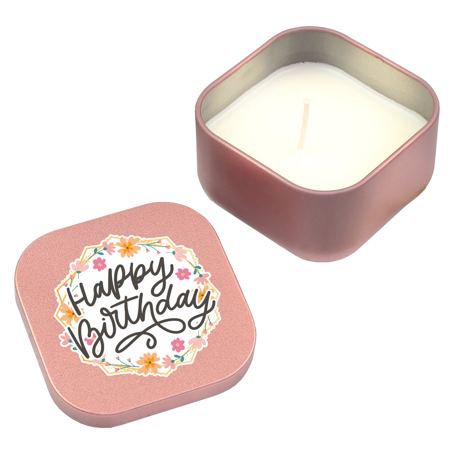 Freigestellte roségoldene Mini Duftkerze mit Happy Birthday Motiv auf weißem Hintergrund
