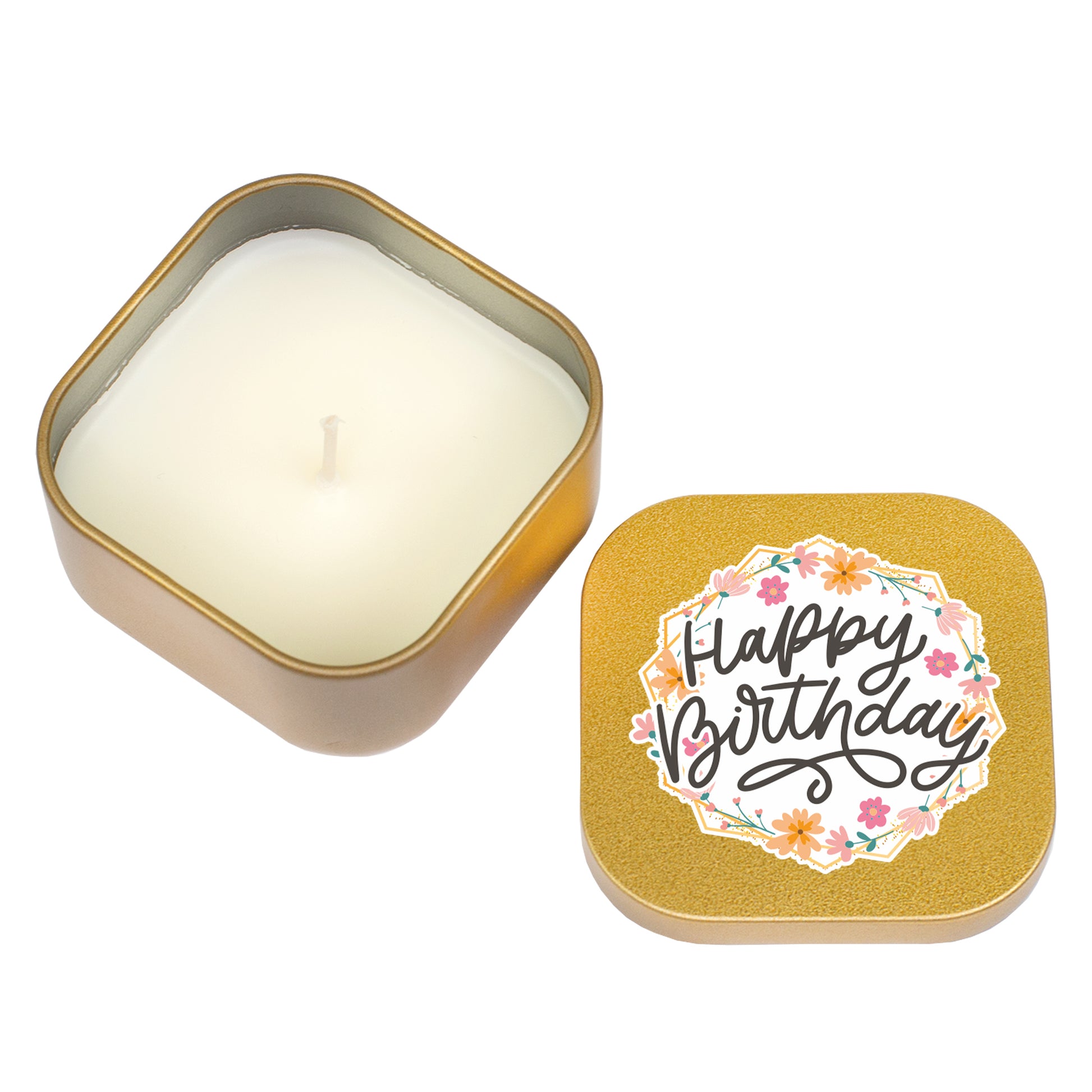 Goldene Mini Duftkerze mit Happy Birthday Motiv und geöffnetem Metalldeckel auf weißem Hintergrund