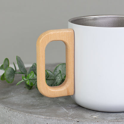 Edelstahl Tasse mit Holzgriff 'Einatmen Ausatmen Lächeln' | Doppelwandiger Becher als witziges Geschenk