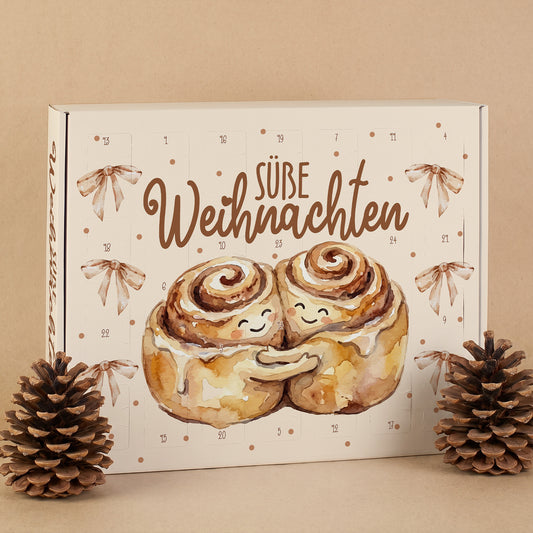 Adventskalender 'Süße Weihnachten' mit Zimtschnecken Motiv | 24 Türchen DIY Kalender zum Befüllen