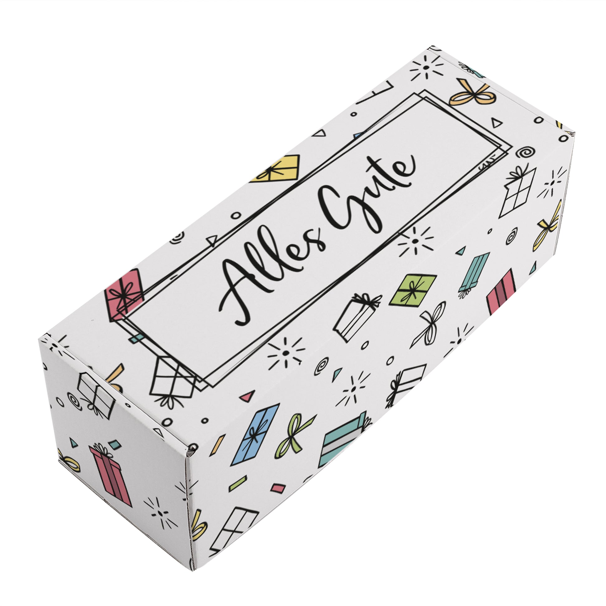 Geschenkverpackung rechteckig mit Aufdruck „Alles Gute“ und rundum bedrucktem Geschenkdesign