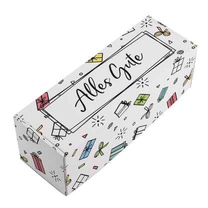 Geschenkverpackung rechteckig mit Aufdruck „Alles Gute“ und rundum bedrucktem Geschenkdesign