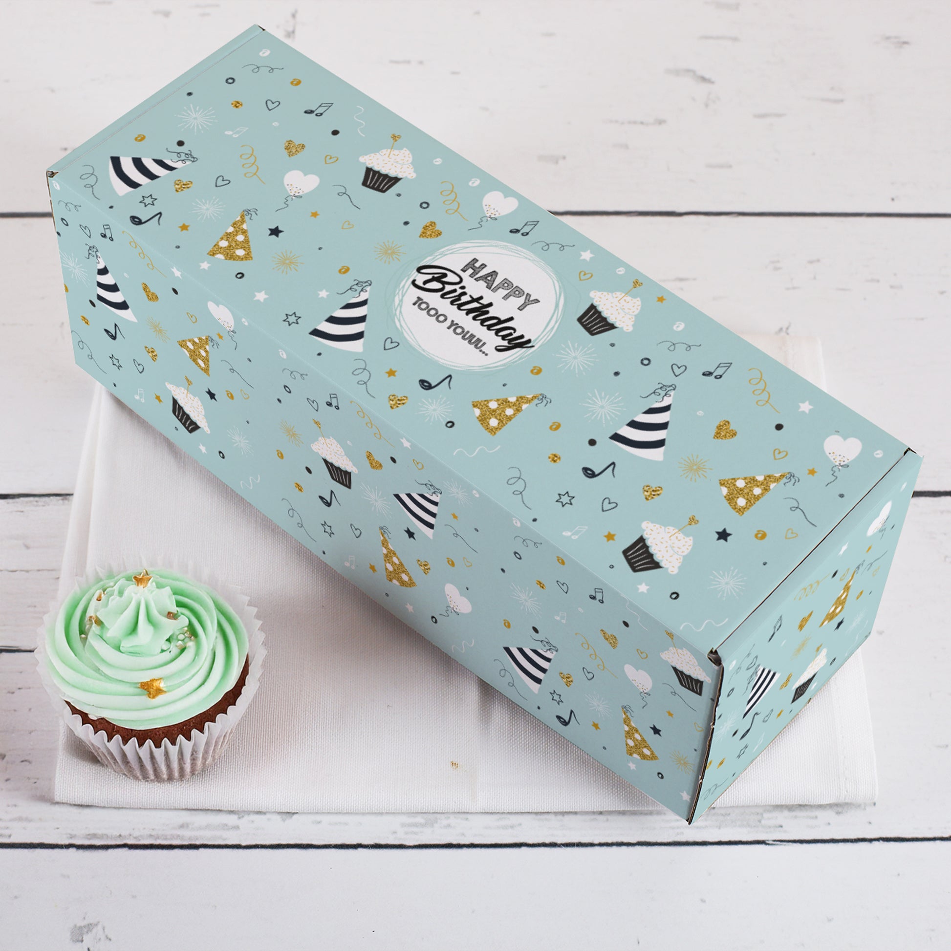 Seitenansicht der geschlossenen Geburtstagsbox mit Cupcakes, Konfetti und Musiknoten