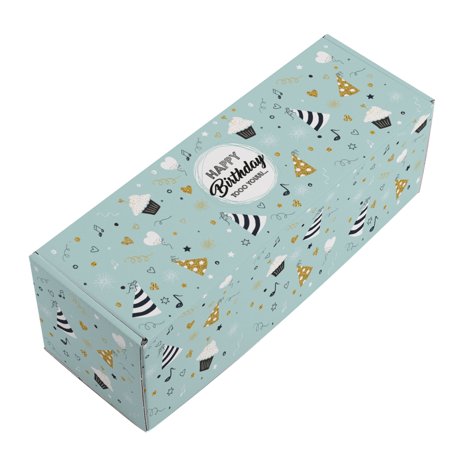 Dekorativ präsentierte Geburtstagsbox mit Inhalt (Beispiel) und farbenfrohem Motiv