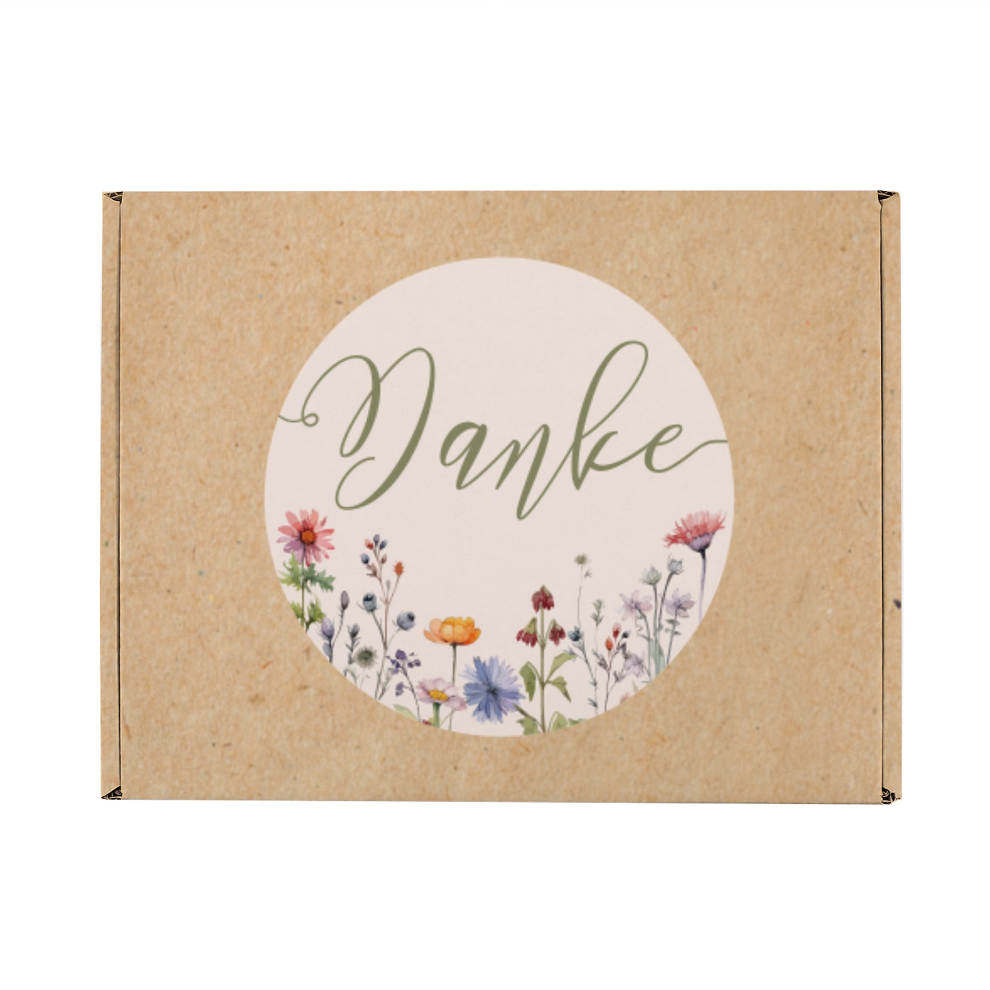 Freigestellte mittelgroße Geschenkbox mit floraler Danke-Bedruckung und naturbraunem Gesamtlook