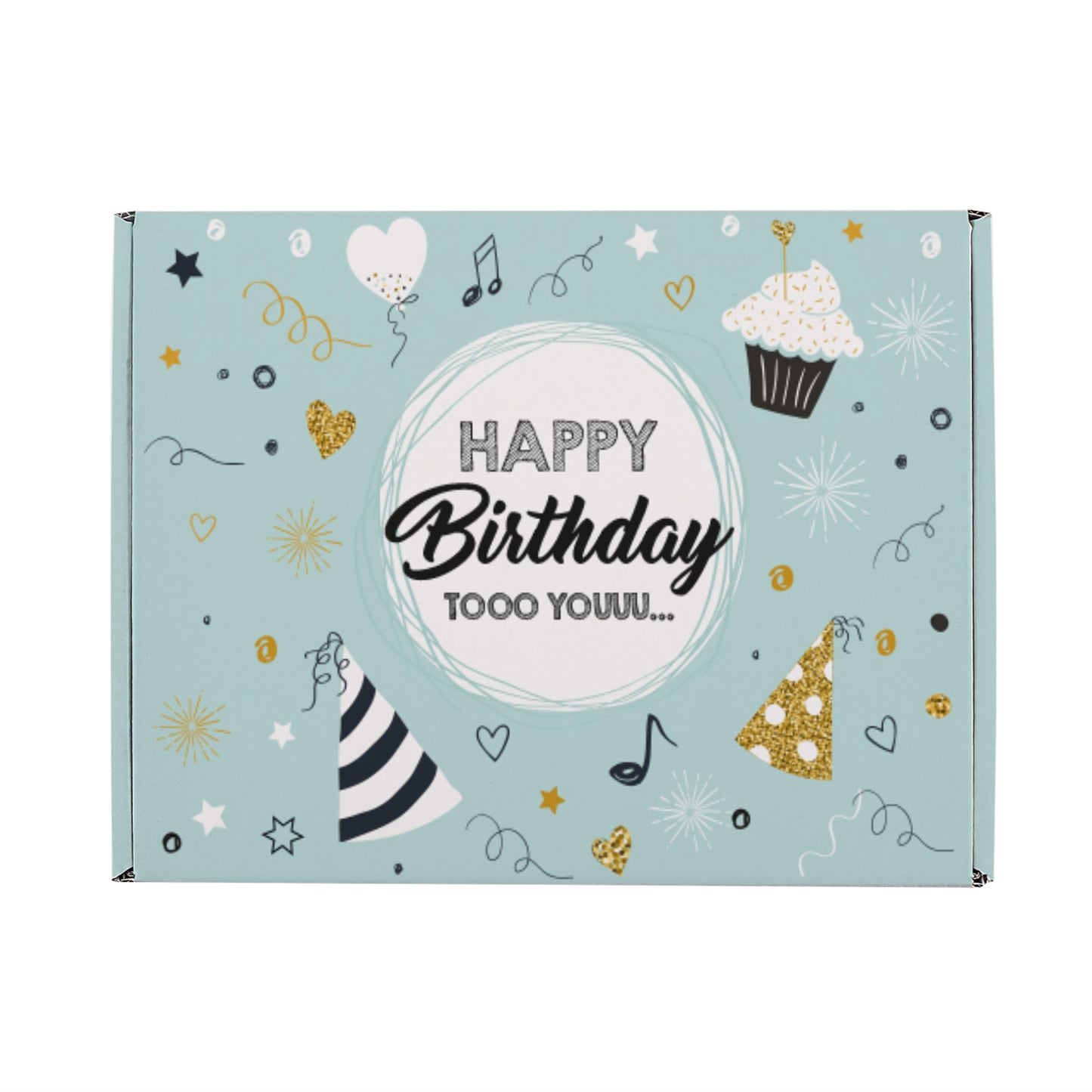 Frontalansicht der geschlossenen Box, zeigt das komplette Design mit Cupcake, Musiknoten und goldenen Akzenten