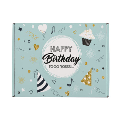 Frontalansicht der geschlossenen Box, zeigt das komplette Design mit Cupcake, Musiknoten und goldenen Akzenten