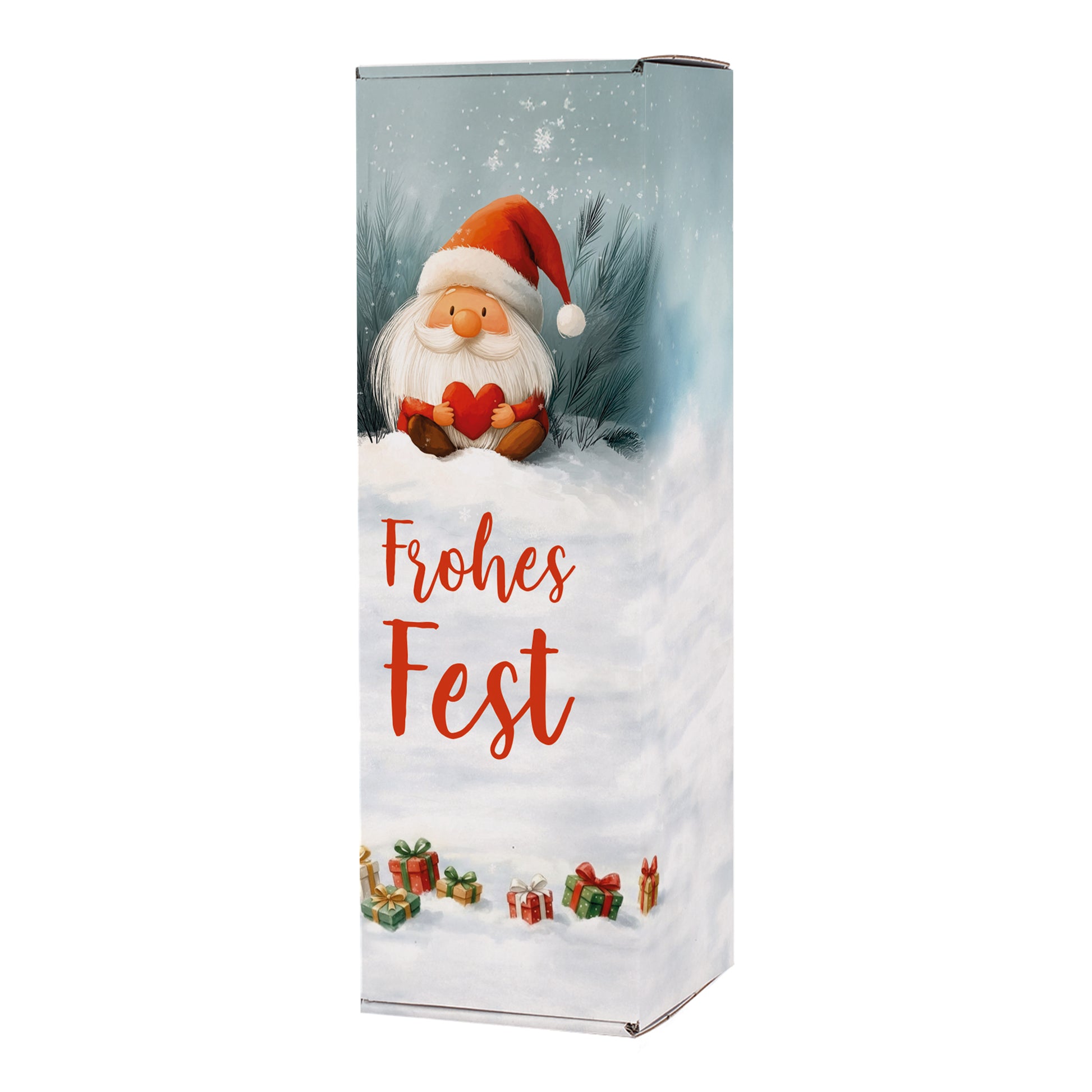 Freigestellte Flaschenverpackung „Frohes Fest“ mit Wichtelmotiv und kleinen Geschenkpaketen im Schnee
