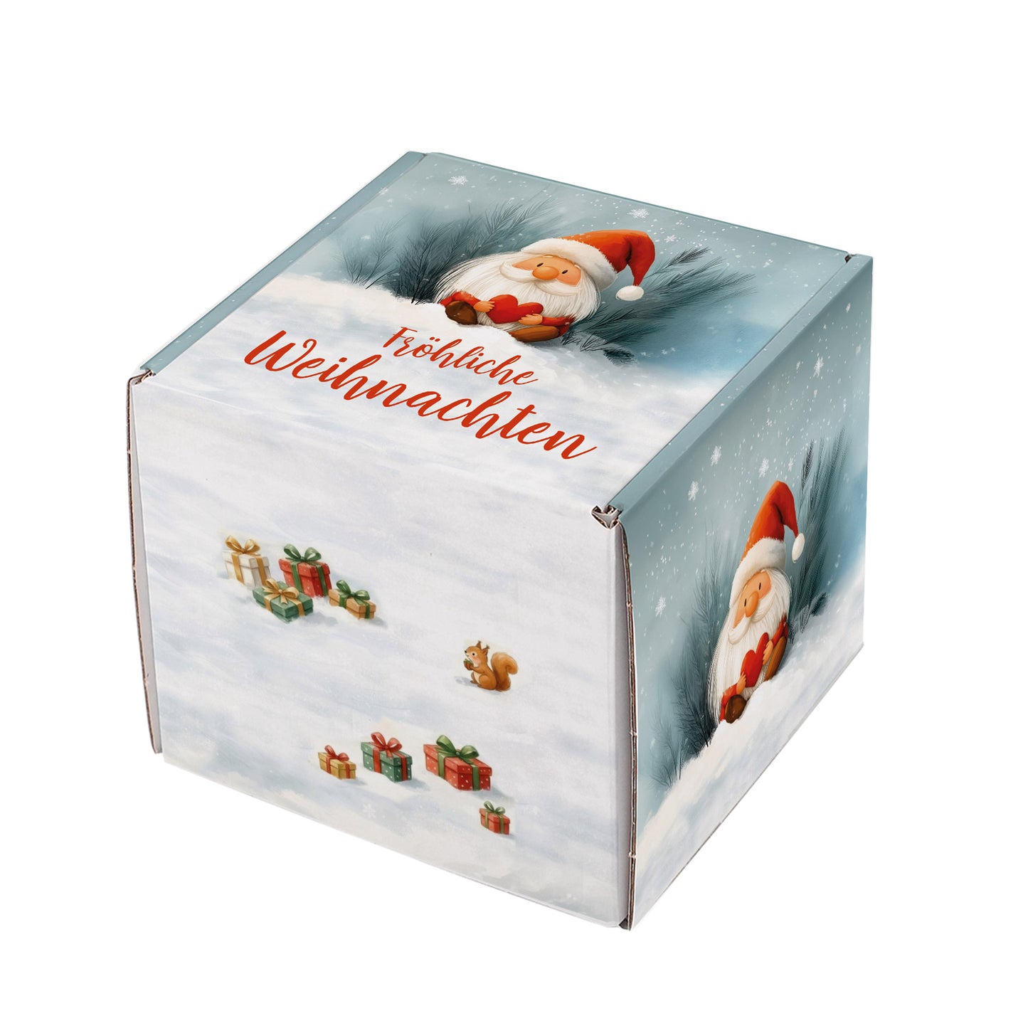 Weihnachts-Geschenkbox mit Wichtel und Geschenkpaketen – quadratische Form