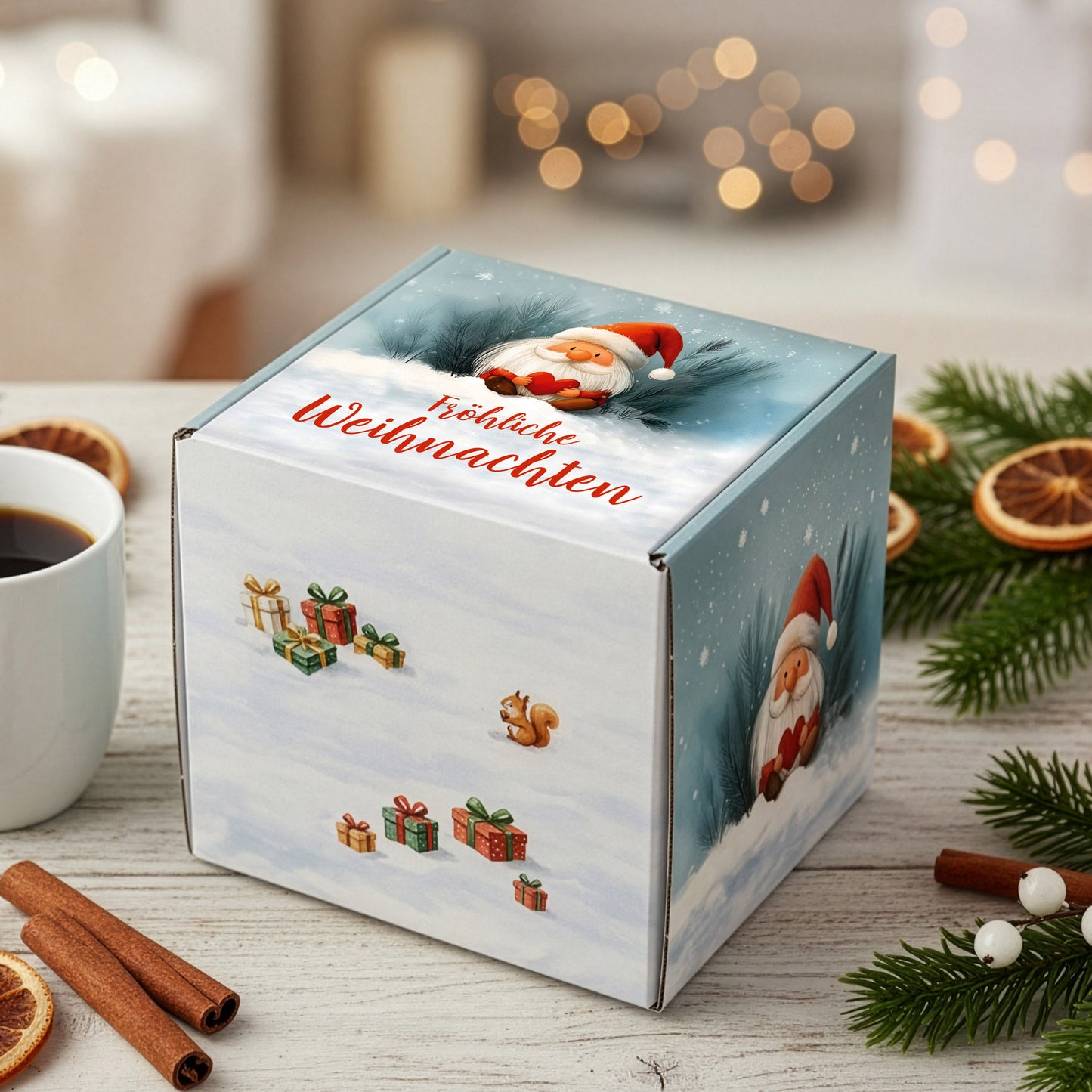 Quadratische Geschenkverpackung Weihnachten mit Wichtel – dekorativ arrangiert im Winterambiente