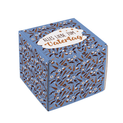 Produktansicht der quadratischen Vatertags-Geschenkbox mit blauem Rundumdruck