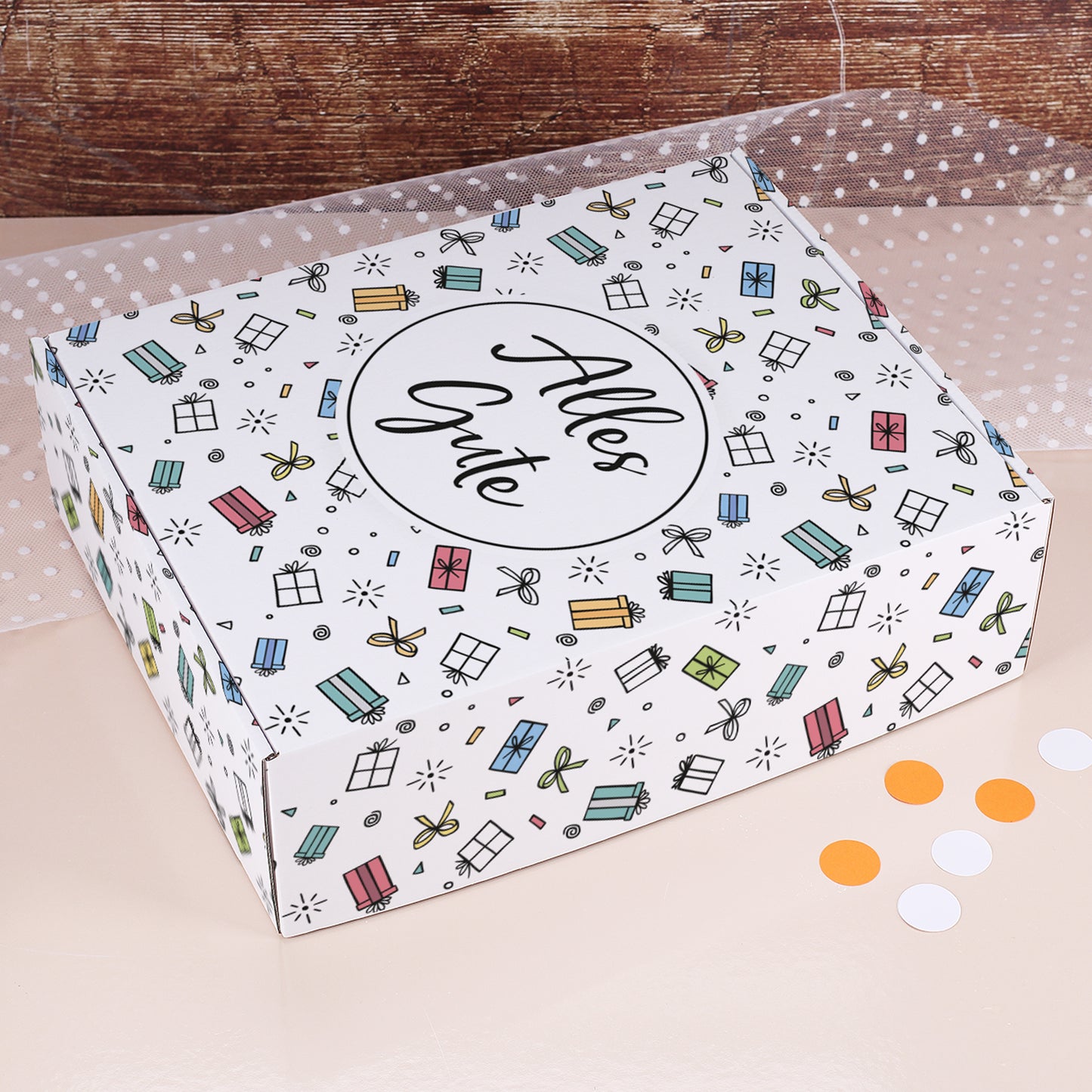 Geschenkbox Alles Gute – große Geschenkverpackung mit buntem Geschenk-Motiv