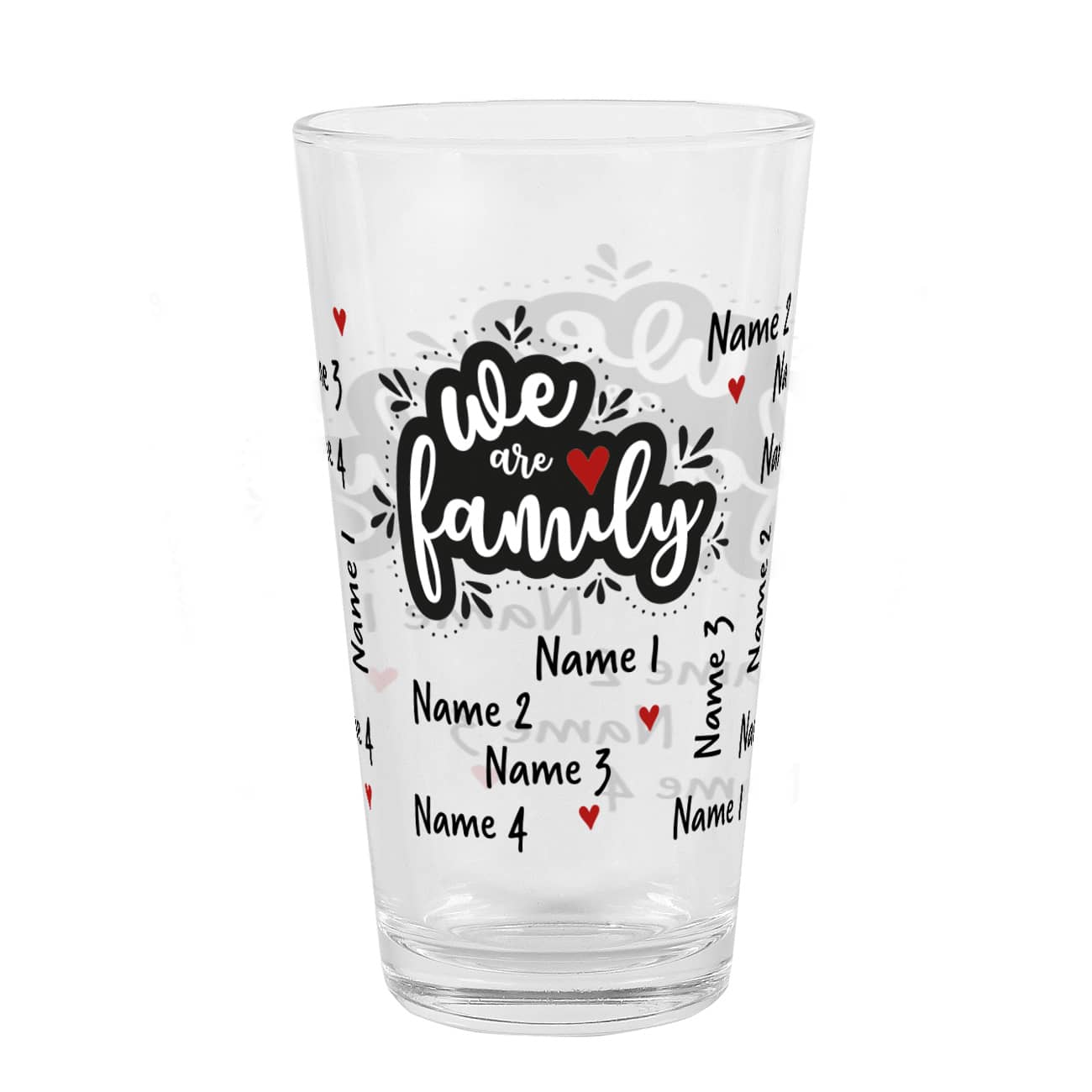 We are family - Wasserglas mit vier verschiedenen Namen