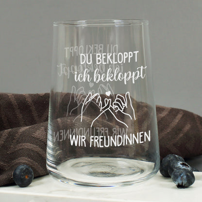 Leeres transparentes Trinkglas mit beidseitigem weißen Motivdruck und Pinky-Promise-Motiv