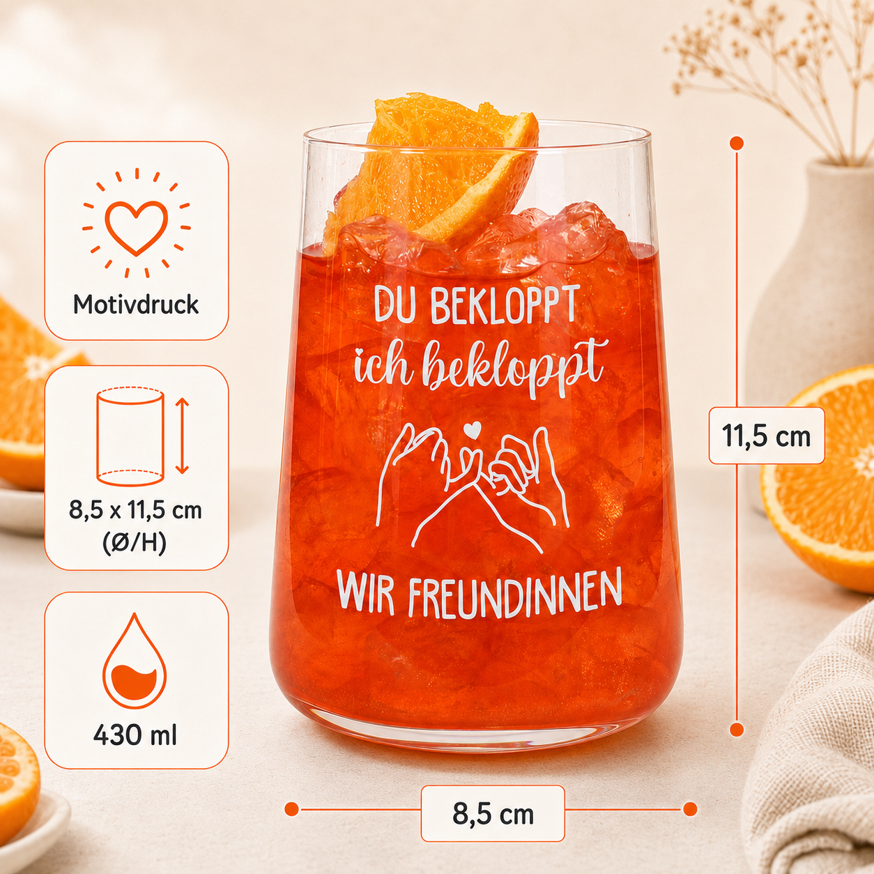 Produktinfografik zum Trinkglas mit Motivdruck, 430 ml Fassungsvolumen und Maßen 8,5 x 11,5 cm