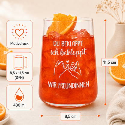 Produktinfografik zum Trinkglas mit Motivdruck, 430 ml Fassungsvolumen und Maßen 8,5 x 11,5 cm