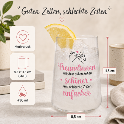 Produktinfografik zum Trinkglas mit Motivdruck, 430 ml Fassungsvolumen und Maßen 8,5 x 11,5 cm