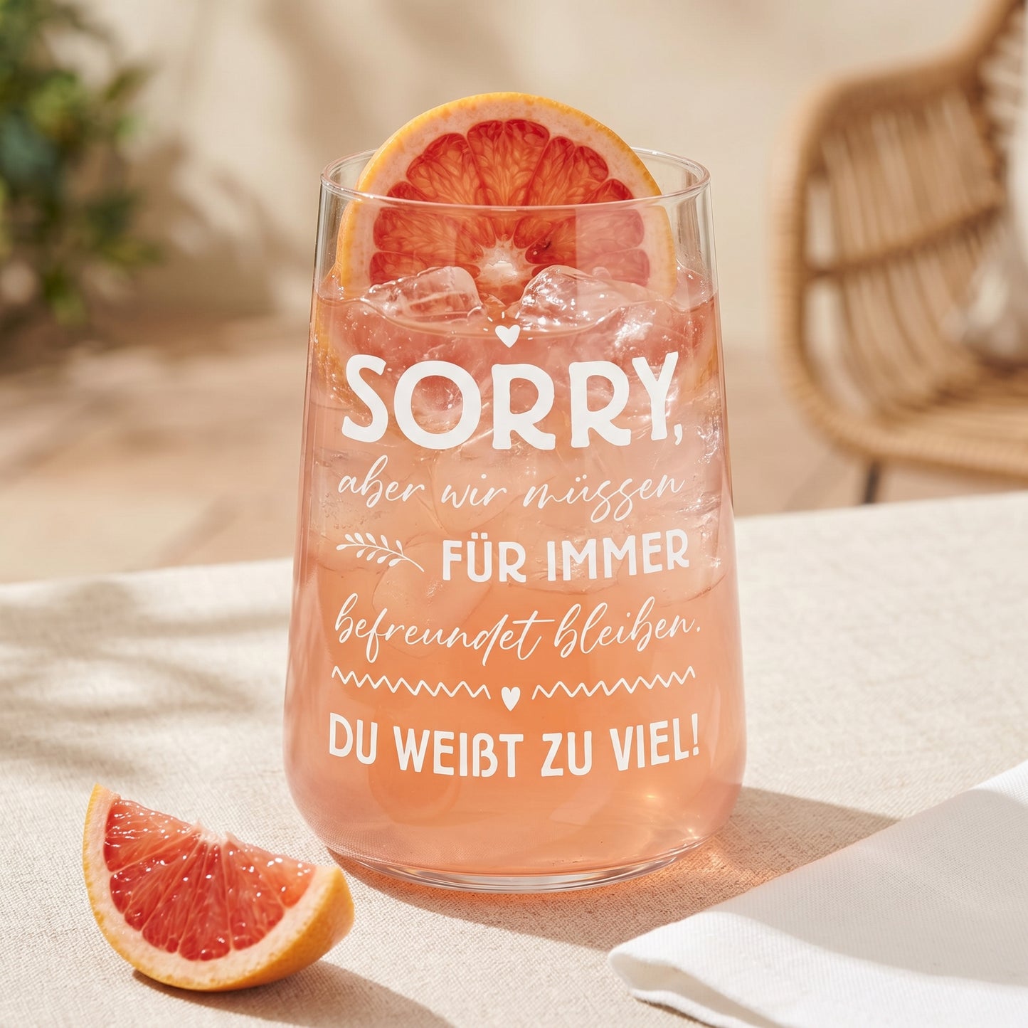 Trinkglas mit rosa Getränk, Eiswürfeln, Grapefruit und weißem Spruch „Du weißt zu viel“