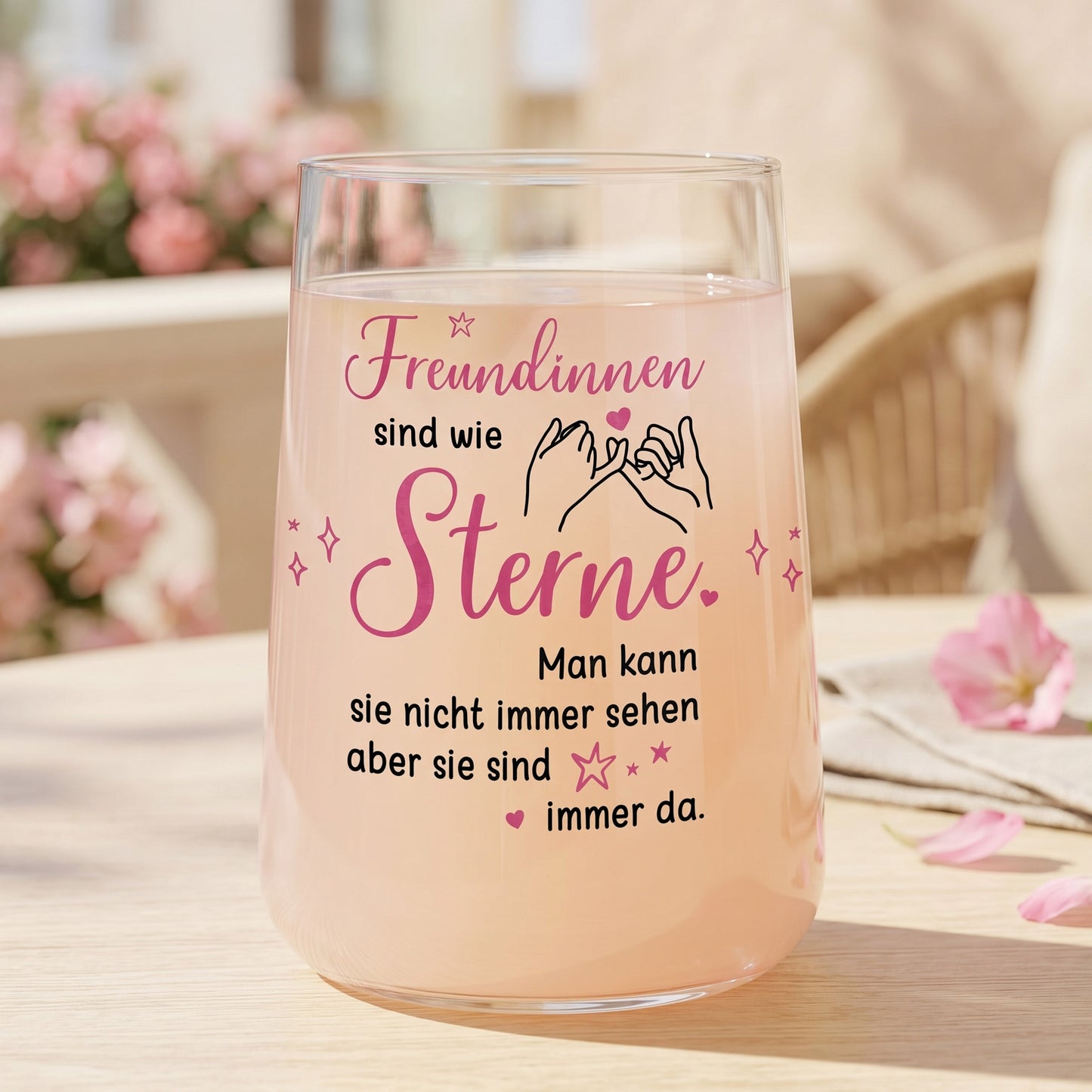 Trinkglas mit Freundinnen-Spruch und zart rosafarbenem Getränk auf einem Tisch mit Blumen im Hintergrund als liebevolle Geschenkidee
