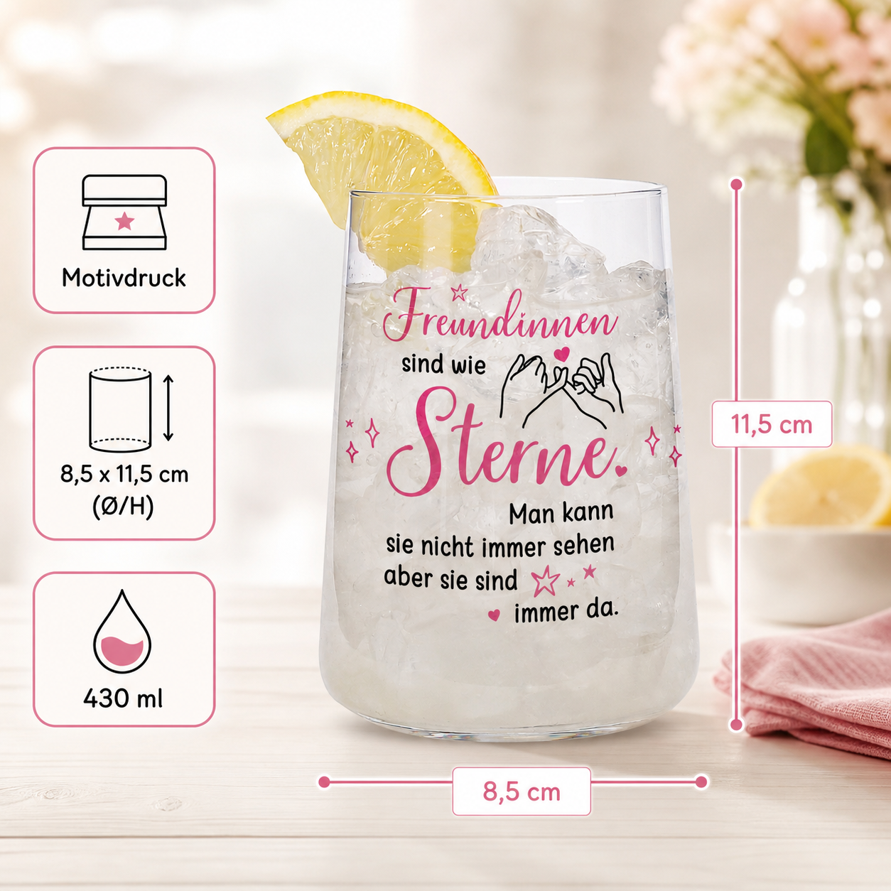 Produktinfo-Grafik zum Trinkglas für Freundinnen mit Motivdruck, Maßen 8,5 x 11,5 cm und 430 ml Fassungsvermögen