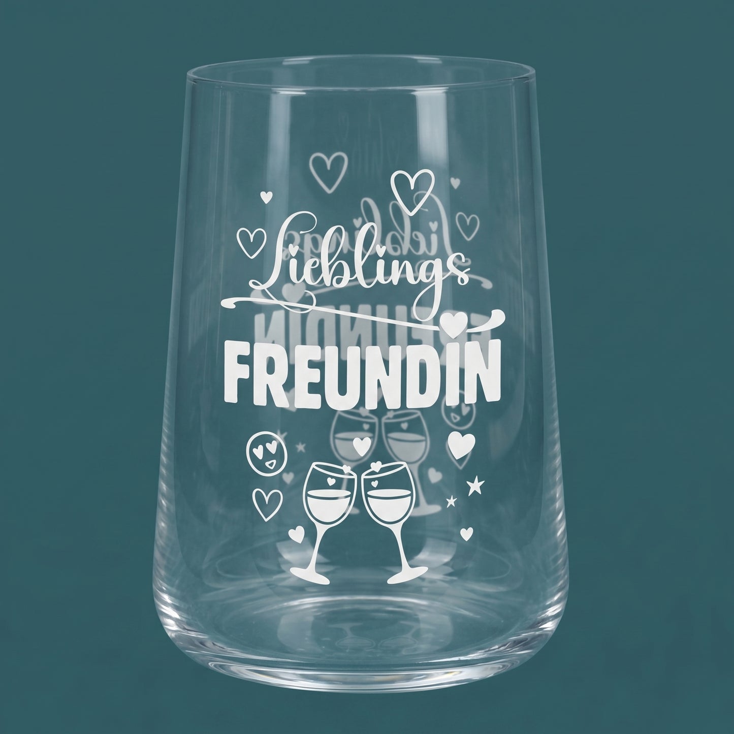 Infografik zum Trinkglas Lieblingsfreundin mit Motivdruck, 430 ml Fassungsvermögen und Maßen 8,5 x 11,5 cm