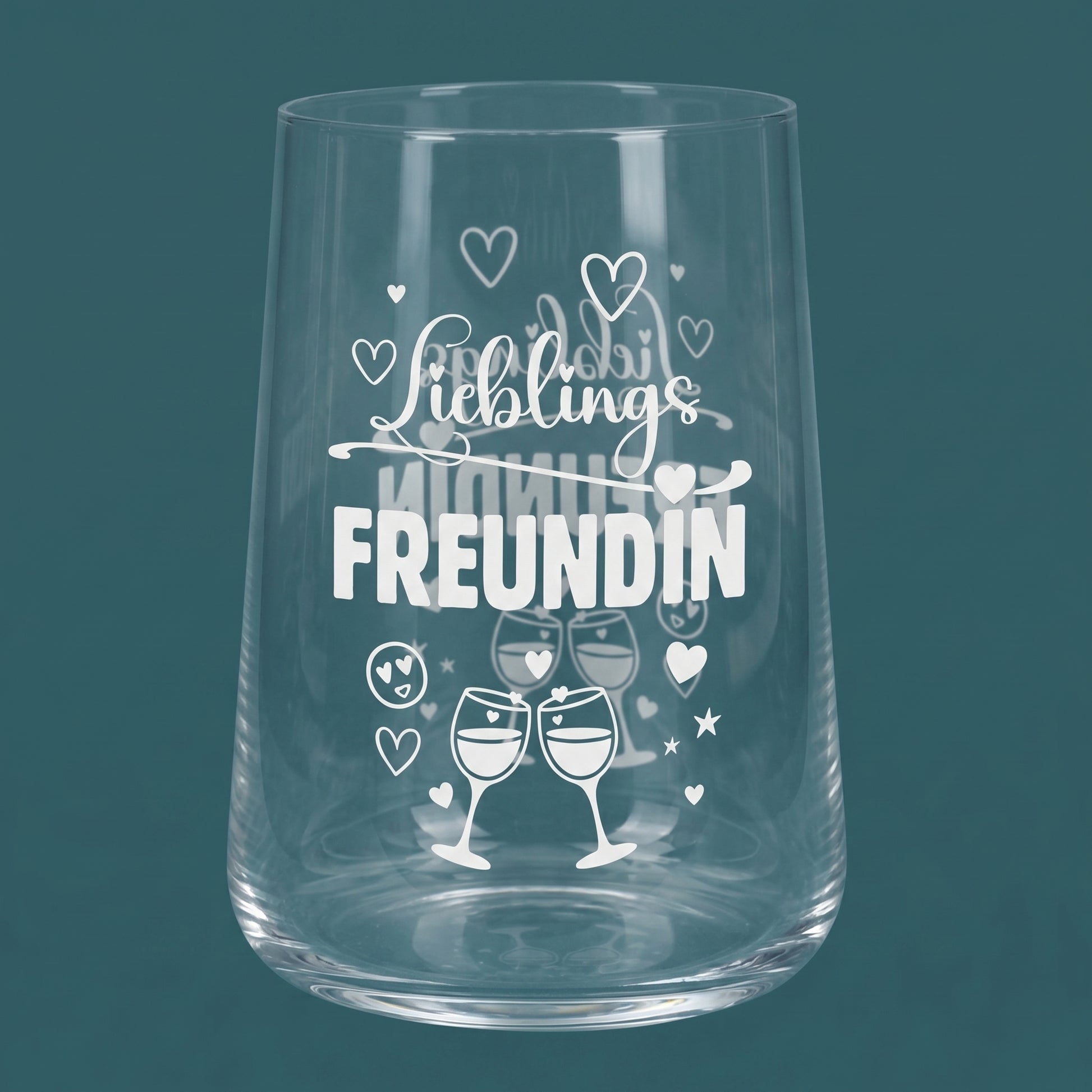 Infografik zum Trinkglas Lieblingsfreundin mit Motivdruck, 430 ml Fassungsvermögen und Maßen 8,5 x 11,5 cm