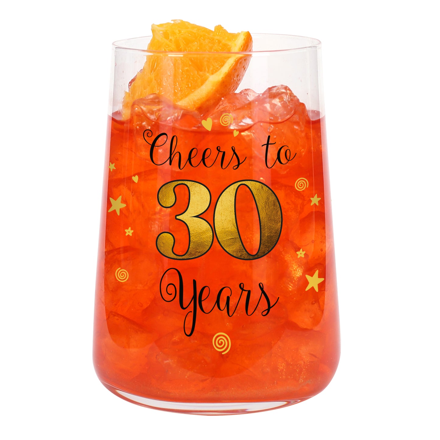Trinkglas zum 30. Geburtstag mit orangefarbenem Cocktail, Eiswürfeln und Orangengarnitur